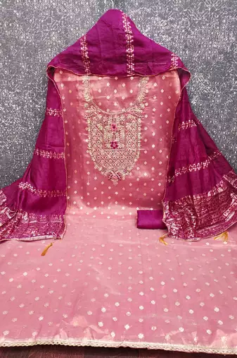 Pink silk  embroidered unstitched dressmaterials 3 pair top bottom dupptaa