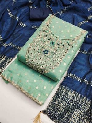 Green silk  embroidered unstitched dressmaterials 3 pair top bottom dupptaa 2