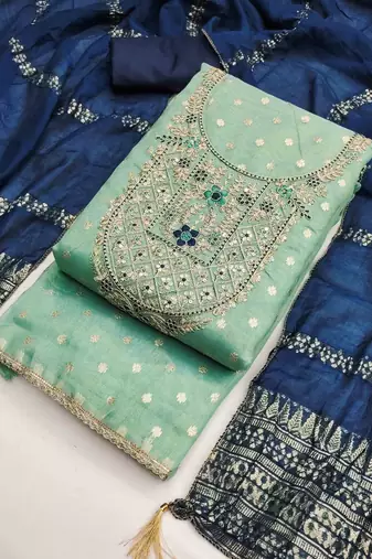 Green silk  embroidered unstitched dressmaterials 3 pair top bottom dupptaa