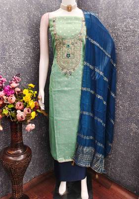 Green silk  embroidered unstitched dressmaterials 3 pair top bottom dupptaa 3