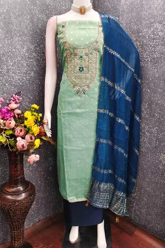 Green silk  embroidered unstitched dressmaterials 3 pair top bottom dupptaa