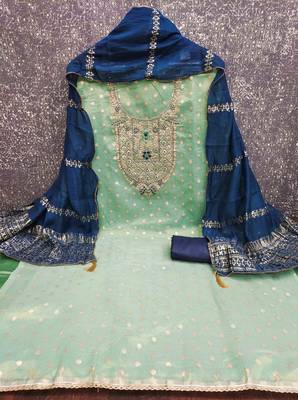 Green silk  embroidered unstitched dressmaterials 3 pair top bottom dupptaa 4