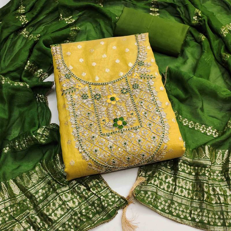 Yellow silk embroidered unstitched dressmaterials 3 pair top bottom dupptaa