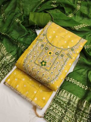 Yellow silk embroidered unstitched dressmaterials 3 pair top bottom dupptaa 2