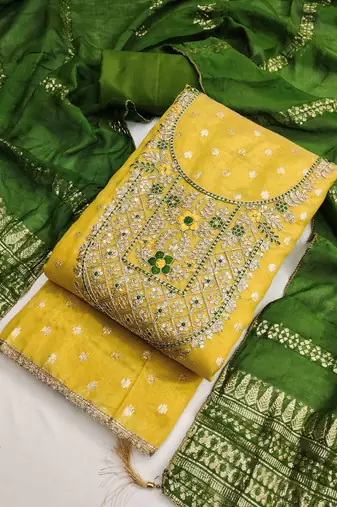 Yellow silk embroidered unstitched dressmaterials 3 pair top bottom dupptaa