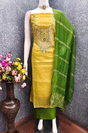 Yellow silk embroidered unstitched dressmaterials 3 pair top bottom dupptaa