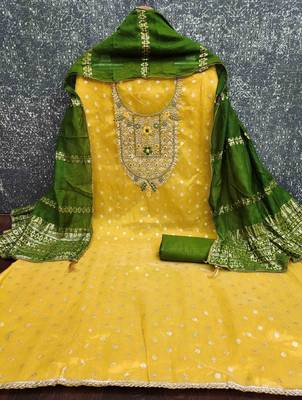 Yellow silk embroidered unstitched dressmaterials 3 pair top bottom dupptaa 4