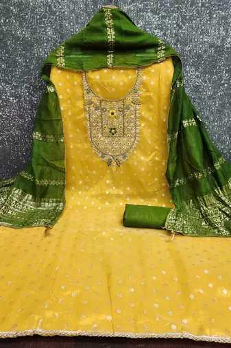 Yellow silk embroidered unstitched dressmaterials 3 pair top bottom dupptaa