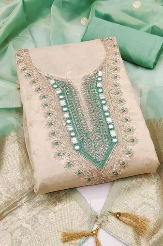 Green silk  embroidered unstitched dressmaterials 3 pair top bottom dupptaa