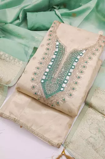 Green silk  embroidered unstitched dressmaterials 3 pair top bottom dupptaa