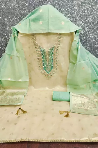 Green silk  embroidered unstitched dressmaterials 3 pair top bottom dupptaa