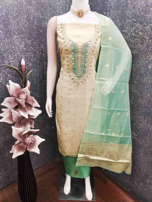 Green silk  embroidered unstitched dressmaterials 3 pair top bottom dupptaa 4