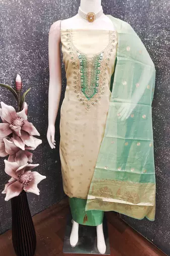 Green silk  embroidered unstitched dressmaterials 3 pair top bottom dupptaa