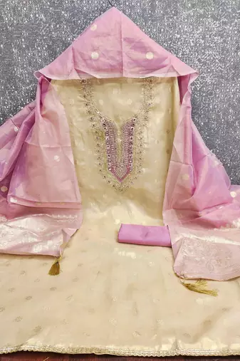 Lavender silk embroidered unstitched dressmaterials 3 pair top bottom dupptaa