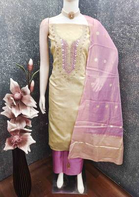 Lavender silk embroidered unstitched dressmaterials 3 pair top bottom dupptaa 4