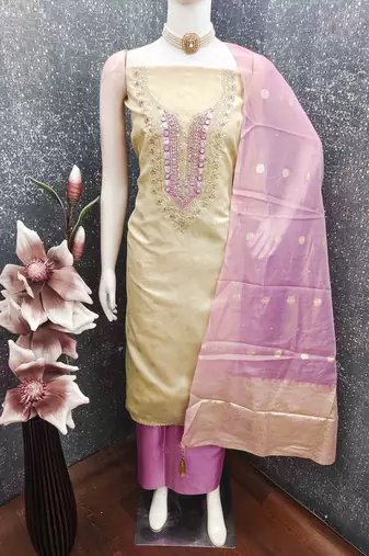 Lavender silk embroidered unstitched dressmaterials 3 pair top bottom dupptaa