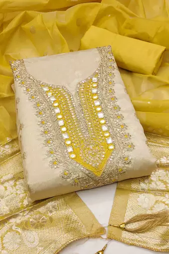 Yellow silk embroidered unstitched dressmaterials 3 pair top bottom dupptaa
