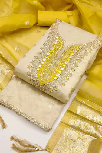 Yellow silk embroidered unstitched dressmaterials 3 pair top bottom dupptaa