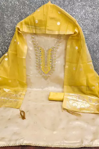 Yellow silk embroidered unstitched dressmaterials 3 pair top bottom dupptaa