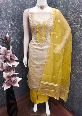Yellow silk embroidered unstitched dressmaterials 3 pair top bottom dupptaa 4