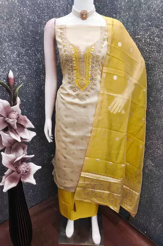 Yellow silk embroidered unstitched dressmaterials 3 pair top bottom dupptaa