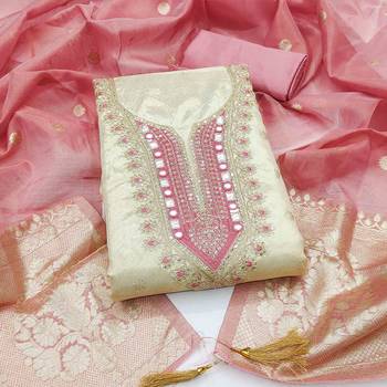 Pink silk  embroidered unstitched dressmaterials 3 pair top bottom dupptaa 1