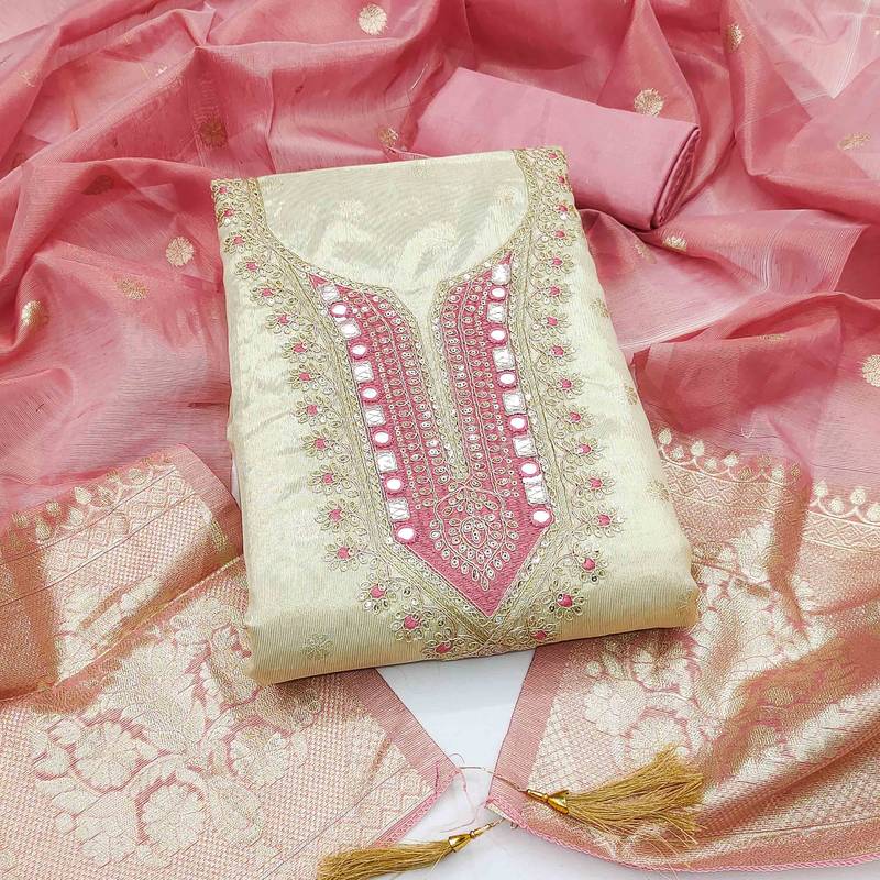 Pink silk  embroidered unstitched dressmaterials 3 pair top bottom dupptaa