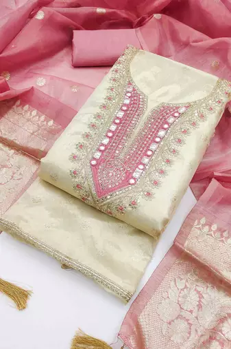 Pink silk  embroidered unstitched dressmaterials 3 pair top bottom dupptaa