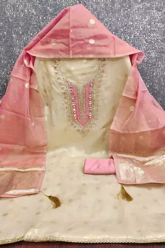 Pink silk  embroidered unstitched dressmaterials 3 pair top bottom dupptaa