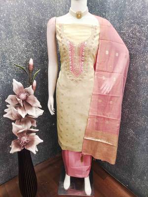 Pink silk  embroidered unstitched dressmaterials 3 pair top bottom dupptaa 4