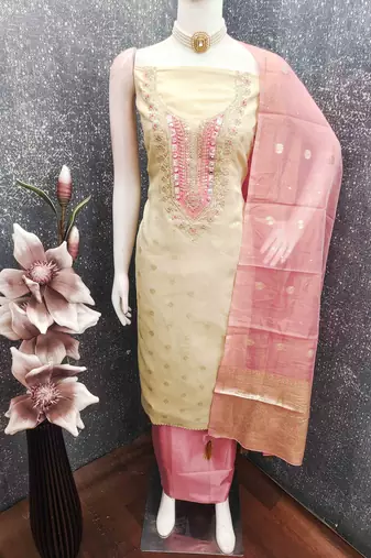Pink silk  embroidered unstitched dressmaterials 3 pair top bottom dupptaa