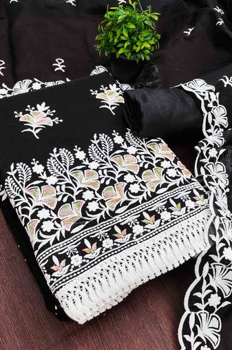 Black chanderi  embroidered unstitched dressmaterials 3 pair top bottom dupptaa