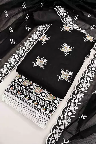 Black chanderi  embroidered unstitched dressmaterials 3 pair top bottom dupptaa