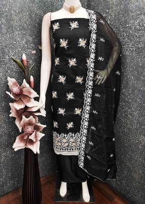 Black chanderi  embroidered unstitched dressmaterials 3 pair top bottom dupptaa 4