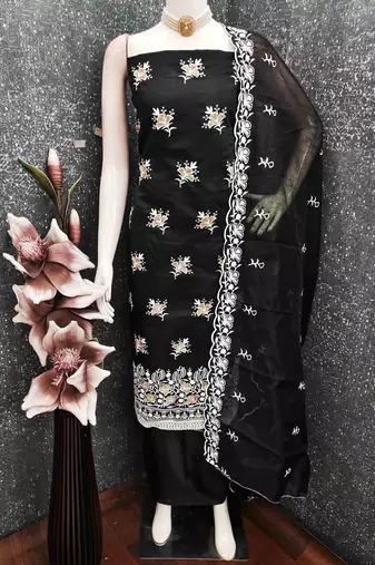 Black chanderi  embroidered unstitched dressmaterials 3 pair top bottom dupptaa