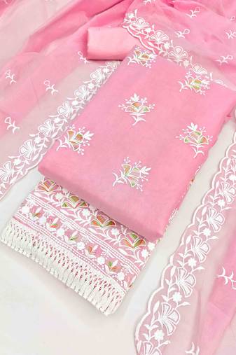Pink chanderi  embroidered unstitched dressmaterials 3 pair top bottom dupptaa