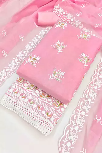 Pink chanderi  embroidered unstitched dressmaterials 3 pair top bottom dupptaa