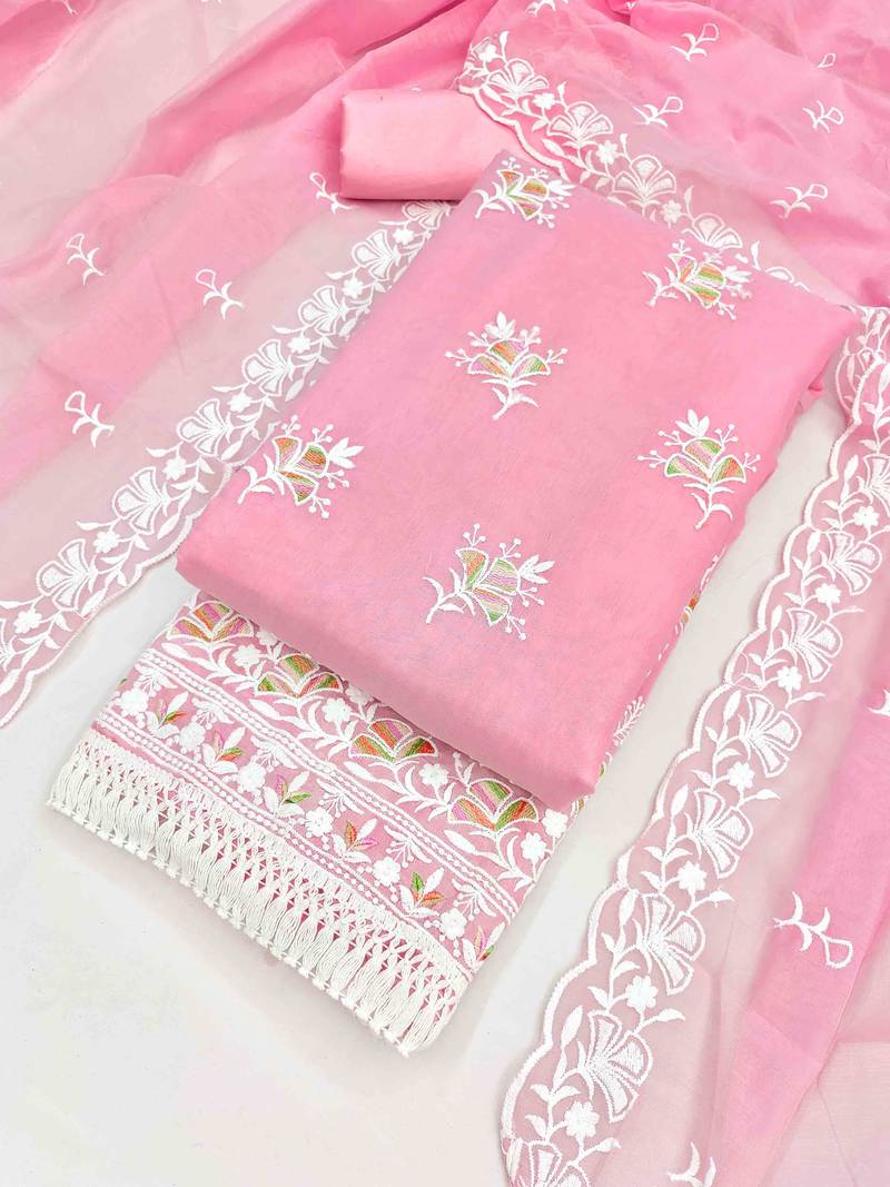 Pink chanderi  embroidered unstitched dressmaterials 3 pair top bottom dupptaa