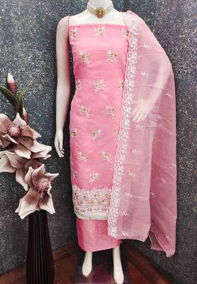 Pink chanderi  embroidered unstitched dressmaterials 3 pair top bottom dupptaa 2