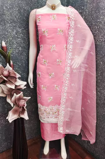 Pink chanderi  embroidered unstitched dressmaterials 3 pair top bottom dupptaa