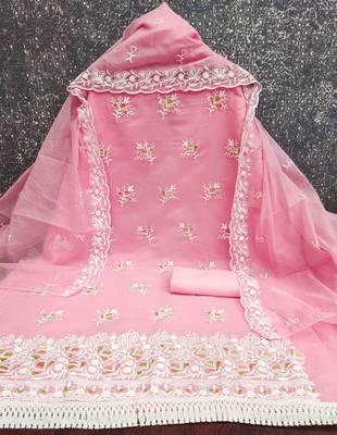 Pink chanderi  embroidered unstitched dressmaterials 3 pair top bottom dupptaa 3