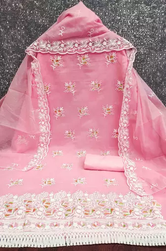 Pink chanderi  embroidered unstitched dressmaterials 3 pair top bottom dupptaa