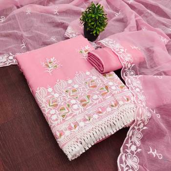 Pink chanderi  embroidered unstitched dressmaterials 3 pair top bottom dupptaa 4