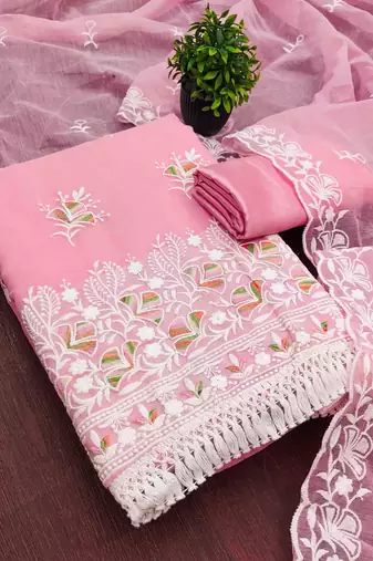 Pink chanderi  embroidered unstitched dressmaterials 3 pair top bottom dupptaa