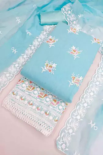 Sky chanderi embroidered unstitched dressmaterials 3 pair top bottom dupptaa