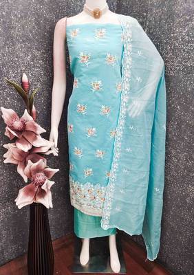 Sky chanderi embroidered unstitched dressmaterials 3 pair top bottom dupptaa 3