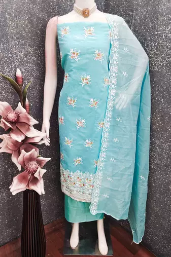 Sky chanderi embroidered unstitched dressmaterials 3 pair top bottom dupptaa