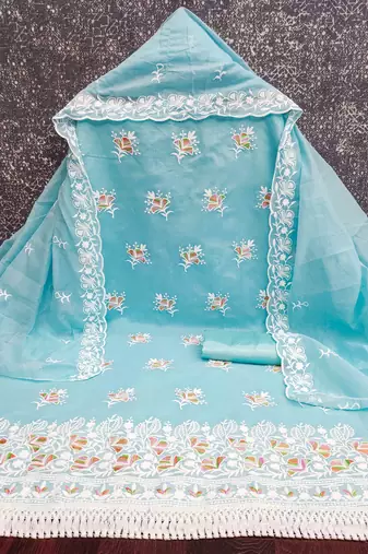 Sky chanderi embroidered unstitched dressmaterials 3 pair top bottom dupptaa
