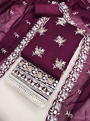 Wine chanderi embroidered unstitched dressmaterials 3 pair top bottom dupptaa 1