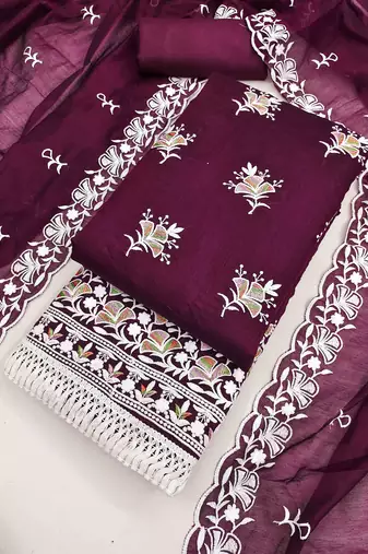 Wine chanderi embroidered unstitched dressmaterials 3 pair top bottom dupptaa